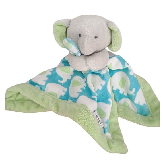 Carters Elephant Lovey Baby Blanket Plush Toy With Green & Blue Elephant Print - Picture 1 of 8